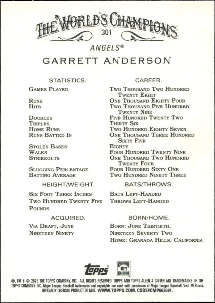 2023 Topps Allen & Ginter Garret Anderson #301 baseball trading card back