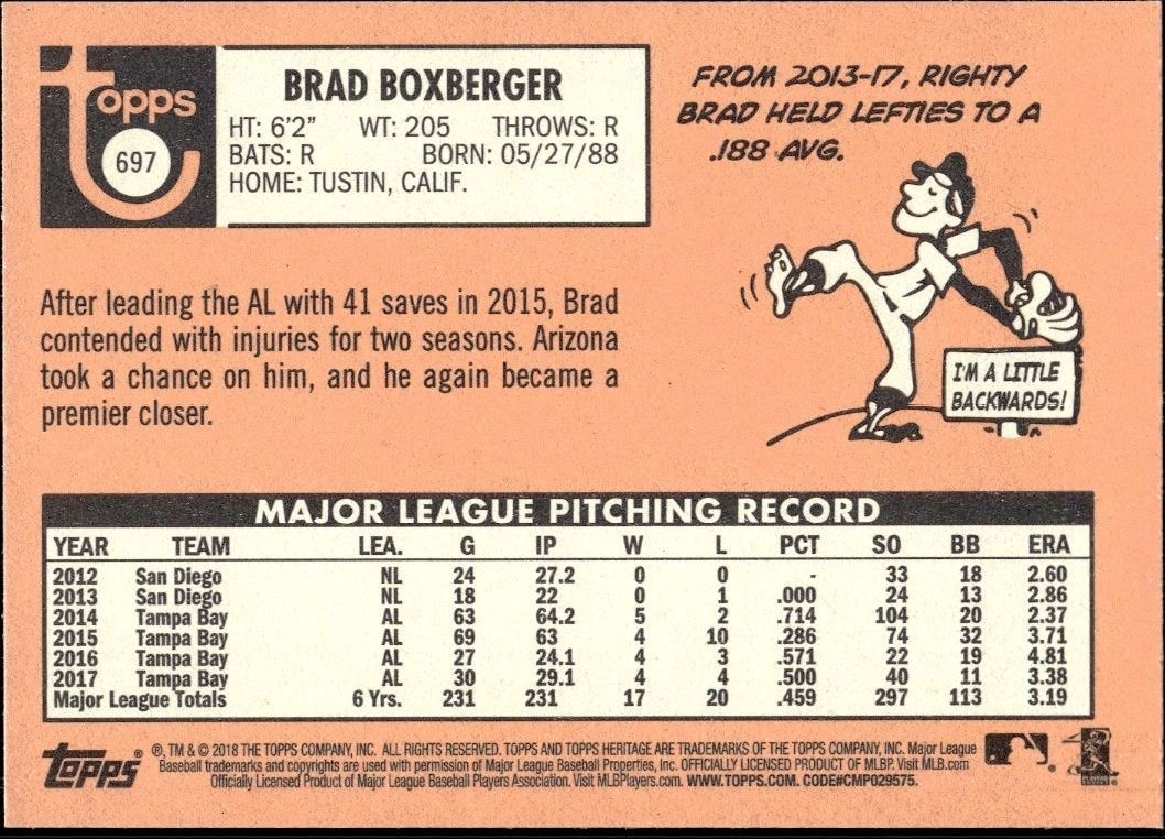 2018 Topps Heritage High Number Brad Boxberger #697 baseball trading card back