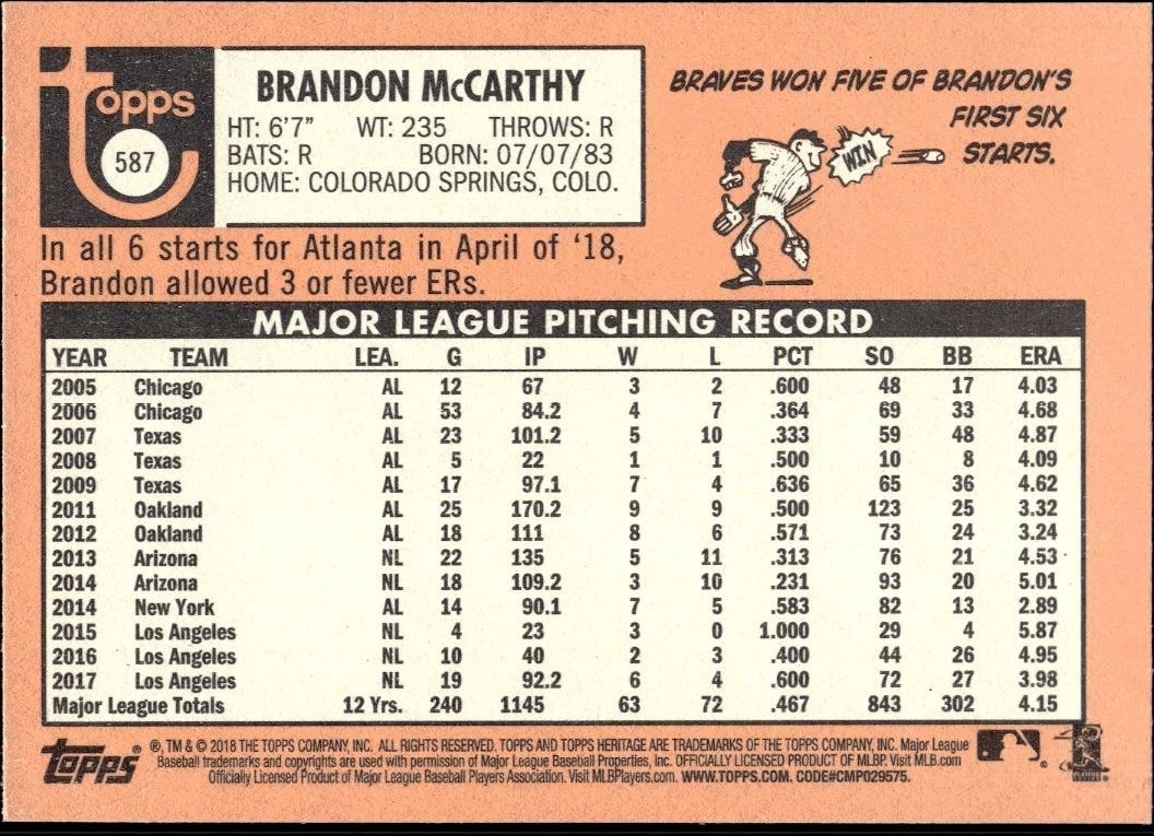 2018 Topps Heritage High Number Brandon McCarthy #587 baseball trading card back