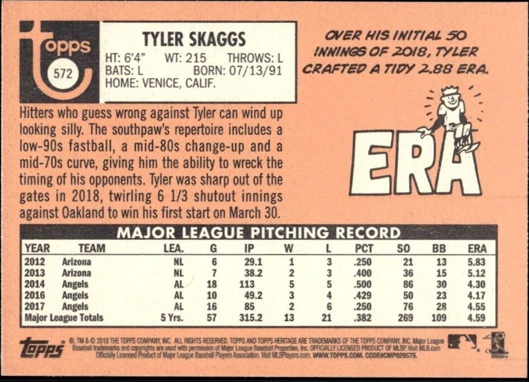2018 Topps Heritage High Number Tyler Skaggs #572 baseball trading card back