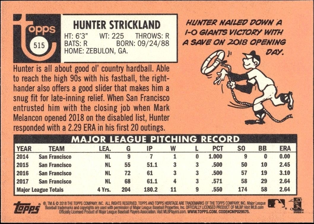2018 Topps Heritage High Number Hunter Strickland #515 baseball trading card back