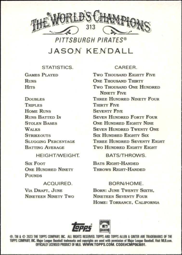 2023 Topps Allen & Ginter Jason Kendall #313 baseball trading card back