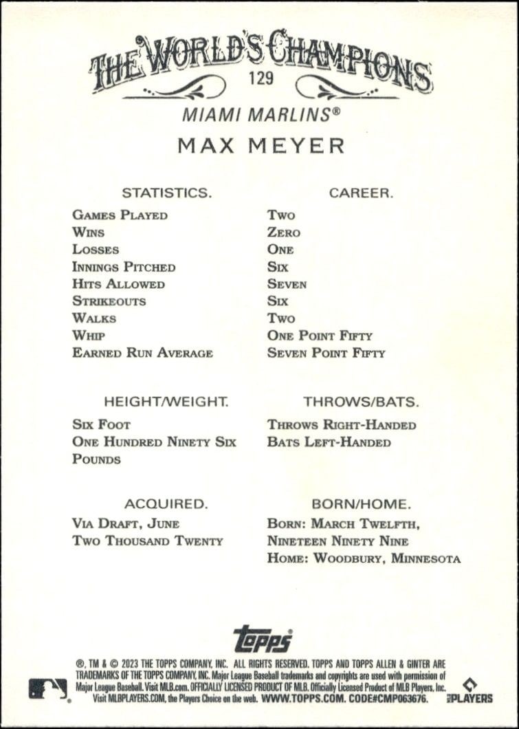 2023 Topps Allen & Ginter Max Meyer #129 baseball trading card back