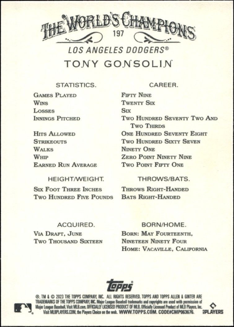 2023 Topps Allen & Ginter Tony Gonsolin #197 baseball trading card back