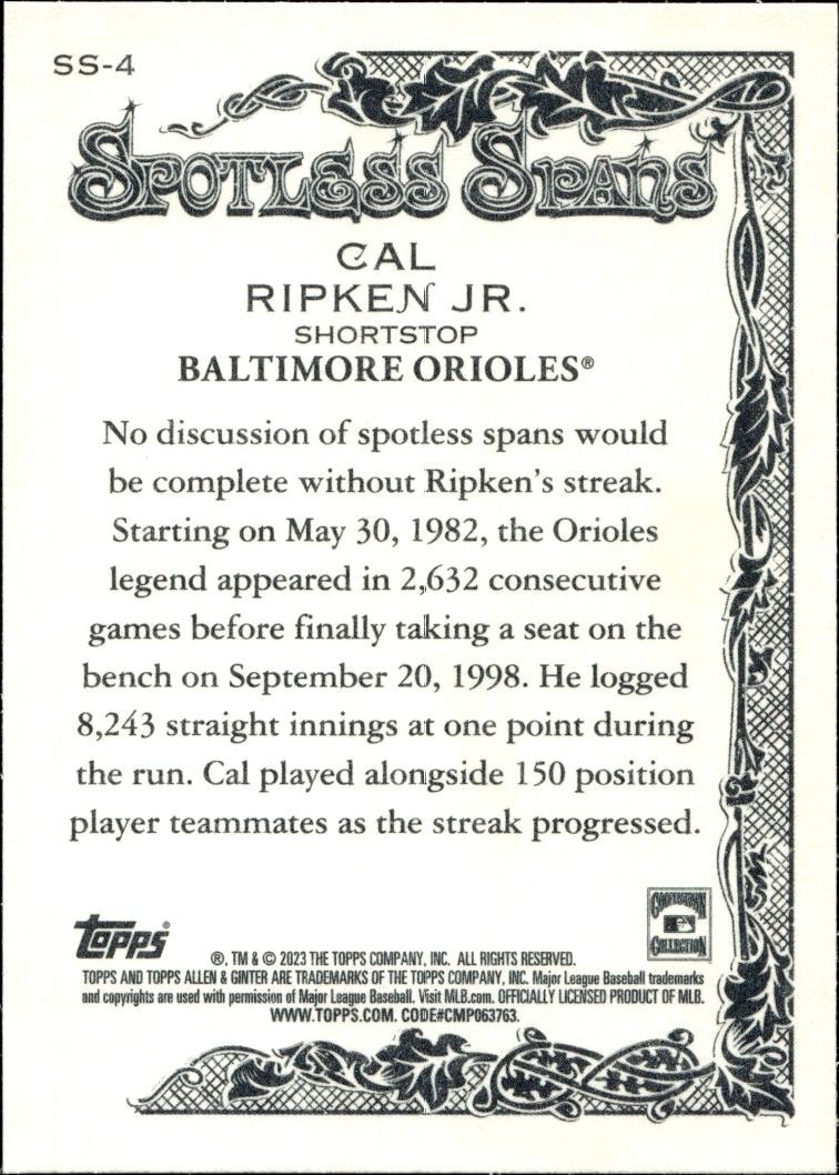 2023 Topps Allen & Ginter Cal Ripken Jr. #SS-4 baseball trading card back