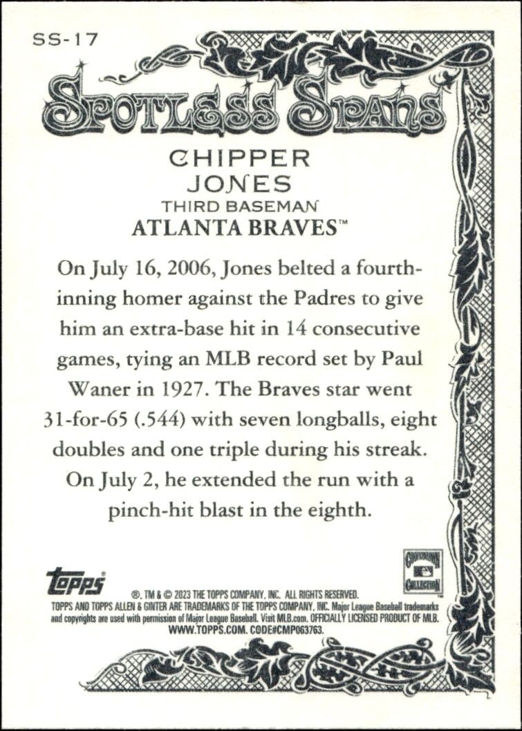 2023 Topps Allen & Ginter Chipper Jones #SS-17 baseball trading card back