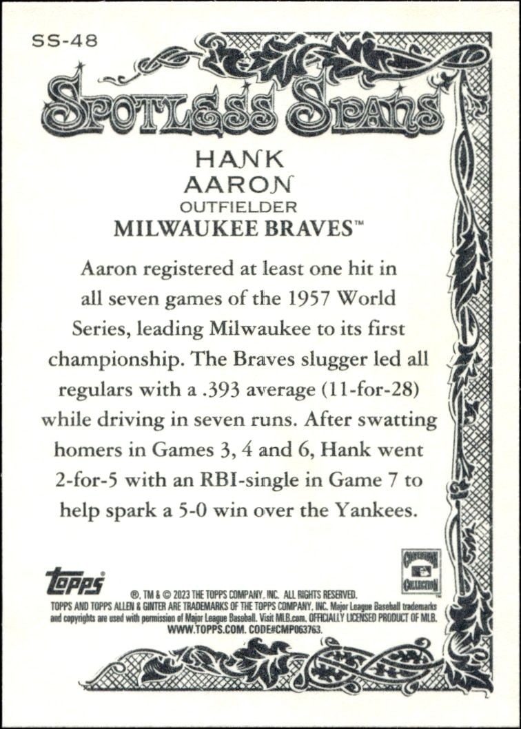 2023 Topps Allen & Ginter Hank Aaron #SS-48 baseball trading card back