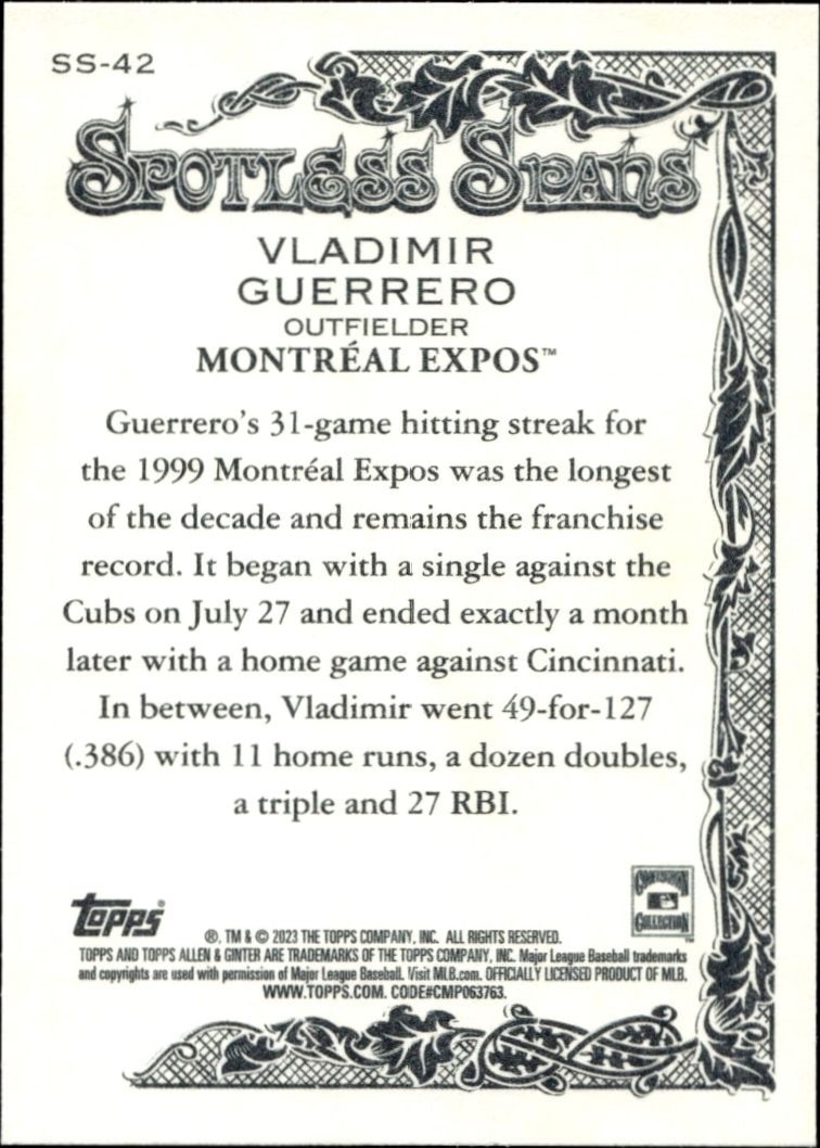 2023 Topps Allen & Ginter Vladimir Guerrero #SS-42 baseball trading card back