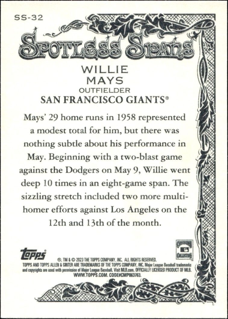 2023 Topps Allen & Ginter Willie Mays #SS-32 baseball trading card back