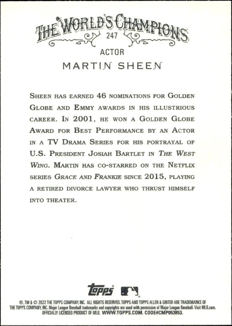 2022 Topps Allen & Ginter Martin Sheen #247 baseball trading card back
