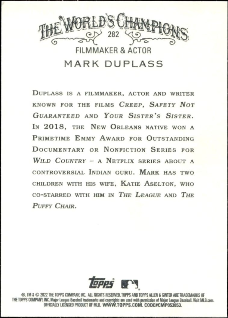 2022 Topps Allen & Ginter Mark Duplass #282 baseball trading card back