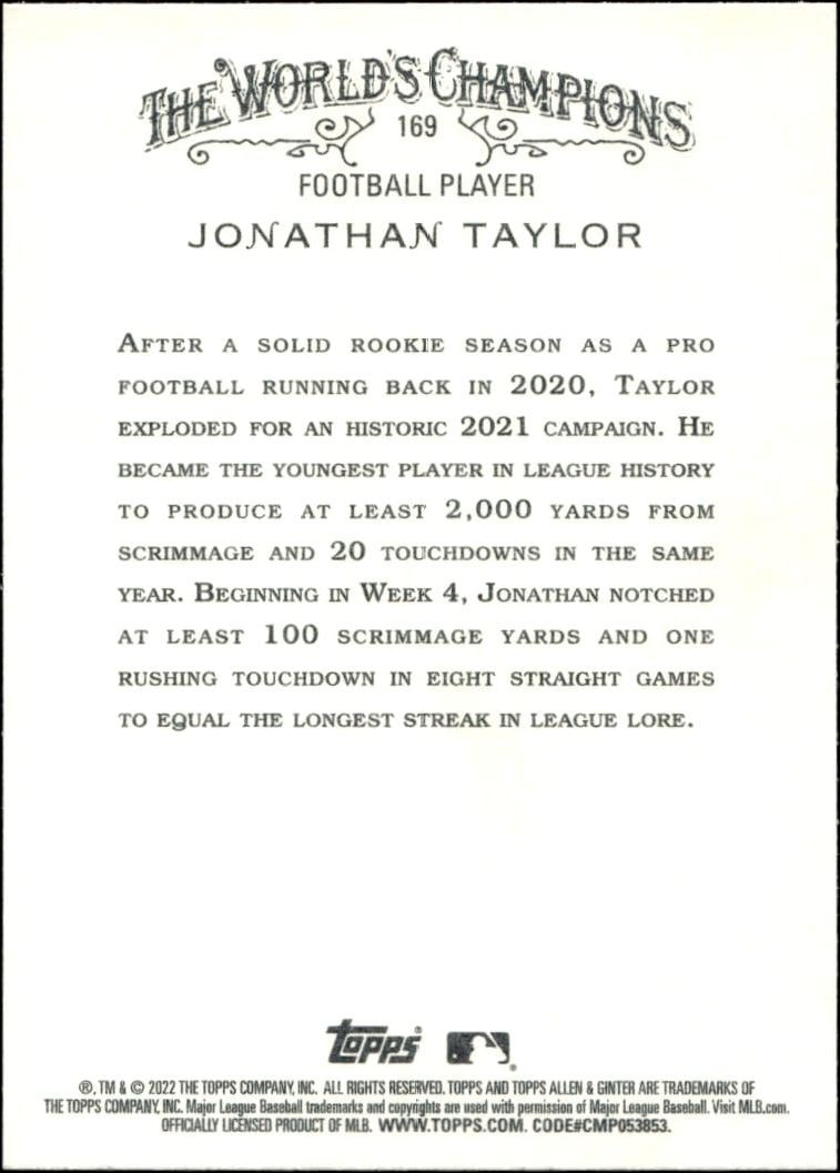 2022 Topps Allen & Ginter Jonathan Taylor #169 baseball trading card back