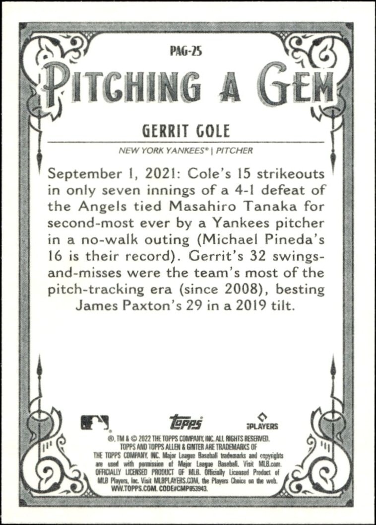2022 Topps Allen & Ginter Gerrit Cole #PAG-25 baseball trading card back