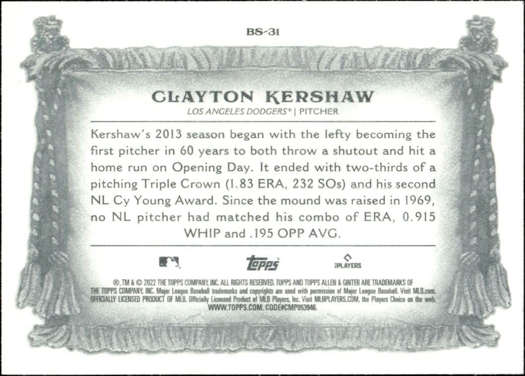 2022 Topps Allen & Ginter Clayton Kershaw #BS-31 baseball trading card back