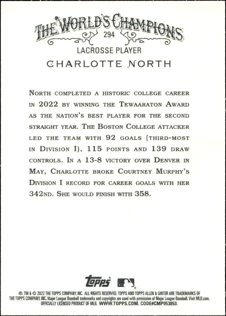 2022 Topps Allen & Ginter Charlotte North #294 baseball trading card back
