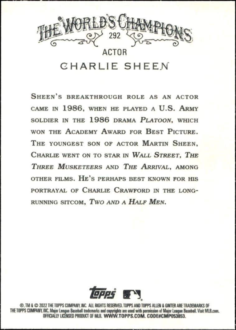 2022 Topps Allen & Ginter Charlie Sheen #292 baseball trading card back