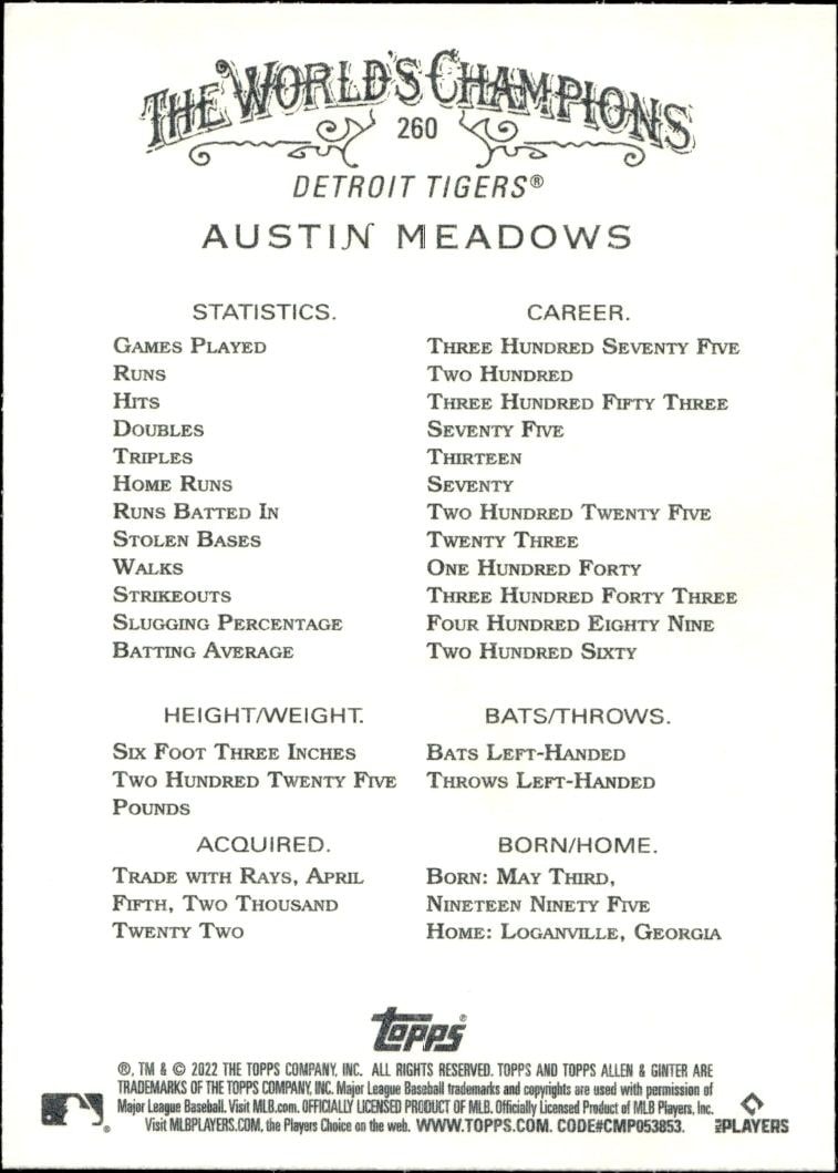 2022 Topps Allen & Ginter Austin Meadows #260 baseball trading card back