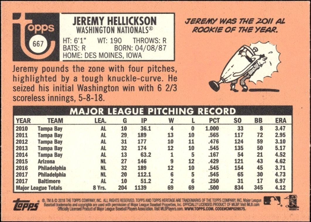 2018 Topps Heritage High Number Jeremy Hellickson #667 baseball trading card back