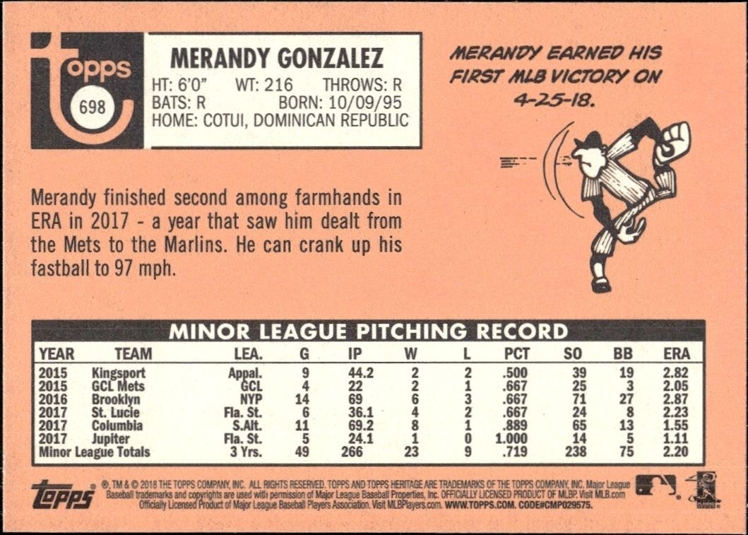 2018 Topps Heritage High Number Merandy Gonzalez #698 baseball trading card back