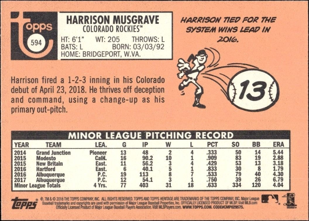 2018 Topps Heritage High Number Harrison Musgrave #594 baseball trading card back