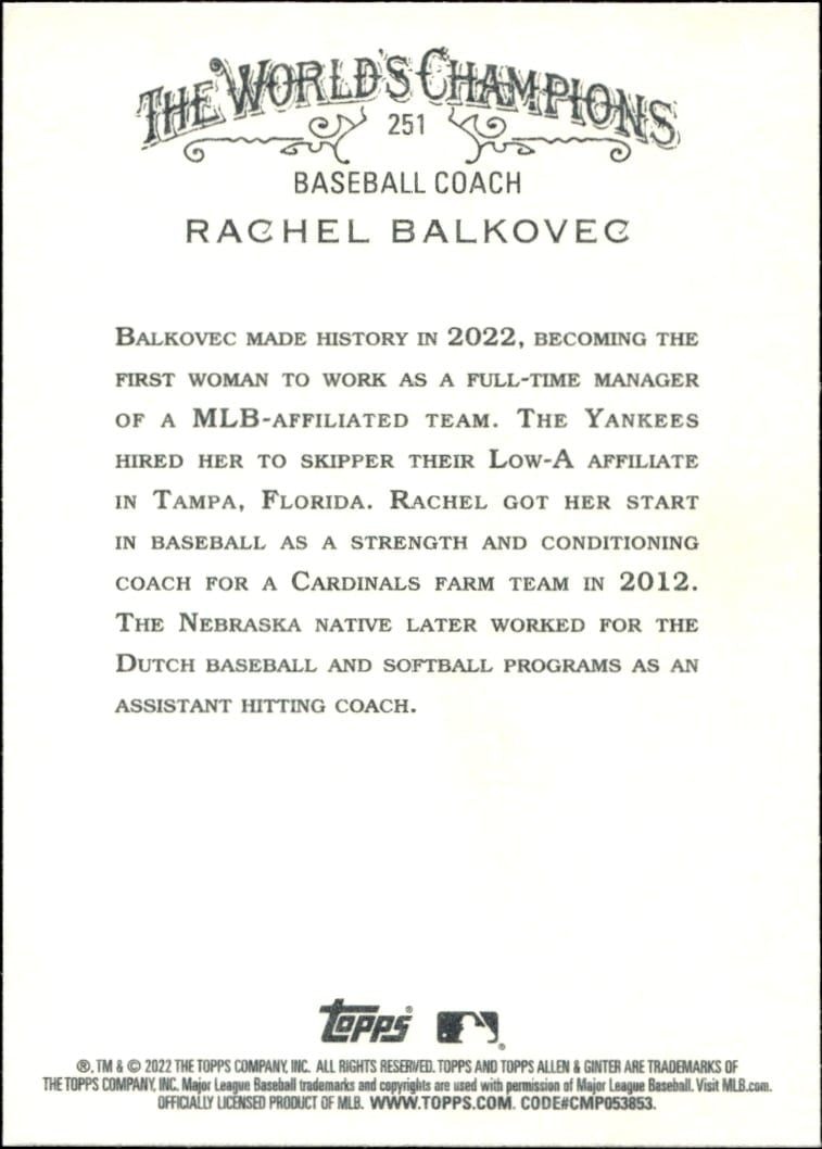 2022 Topps Allen & Ginter Rachel Balkovec #251 baseball trading card back