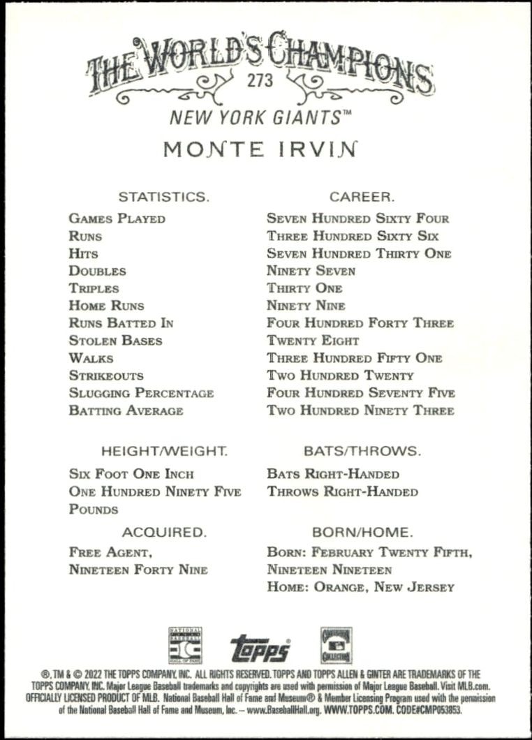 2022 Topps Allen & Ginter Monte Irvin #273 baseball trading card back
