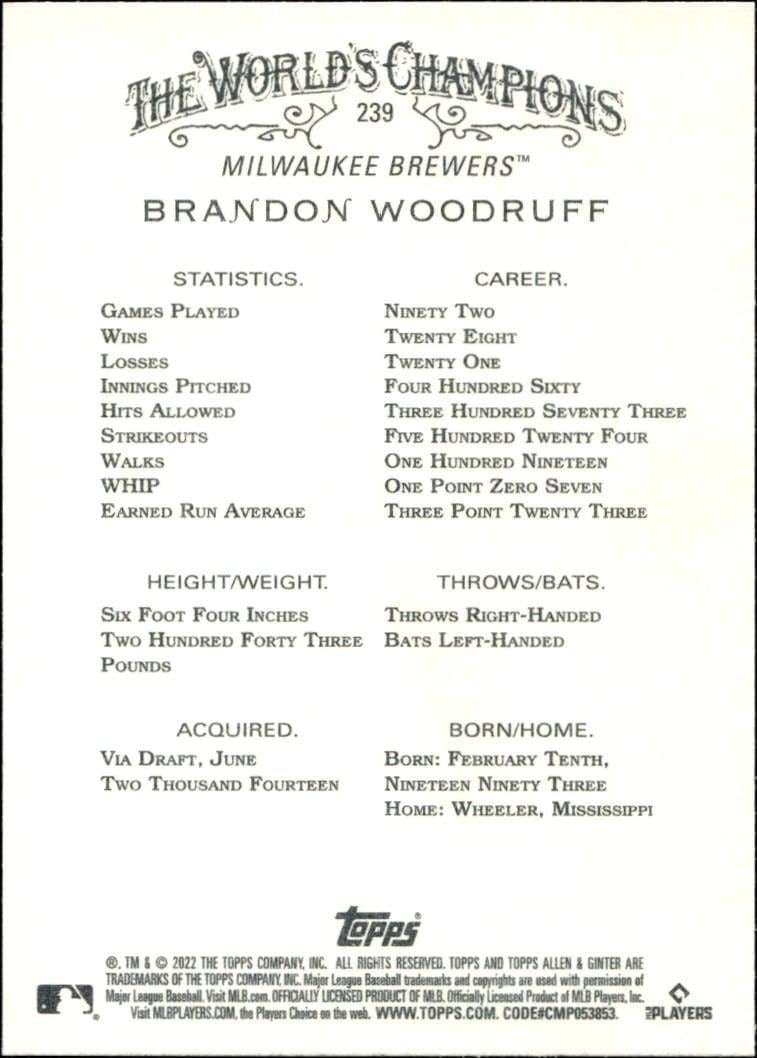 2022 Topps Allen & Ginter Brandon Woodruff #239 baseball trading card back