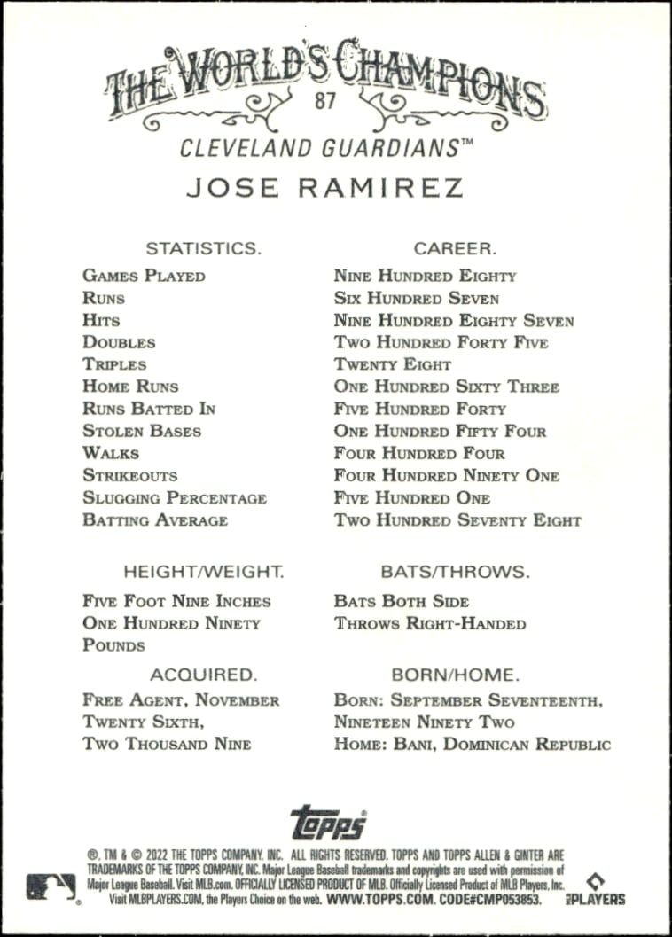 2022 Topps Allen & Ginter Jose Ramirez #87 baseball trading card back