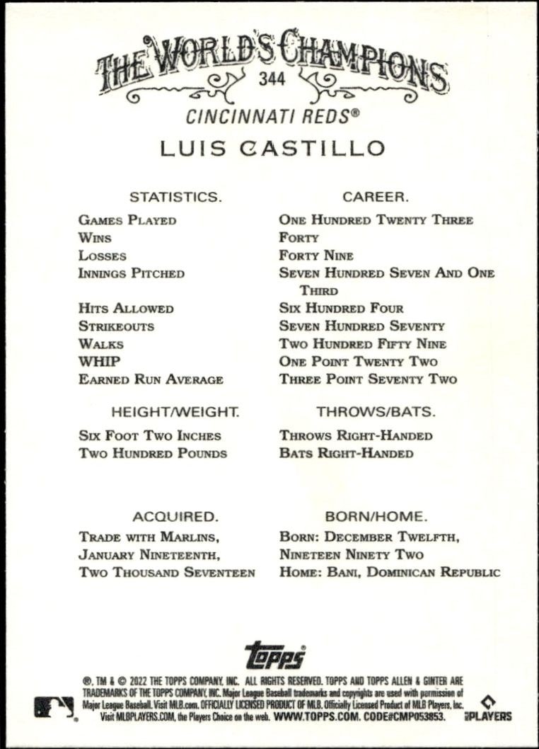 2022 Topps Allen & Ginter Luis Castillo #344 baseball trading card back