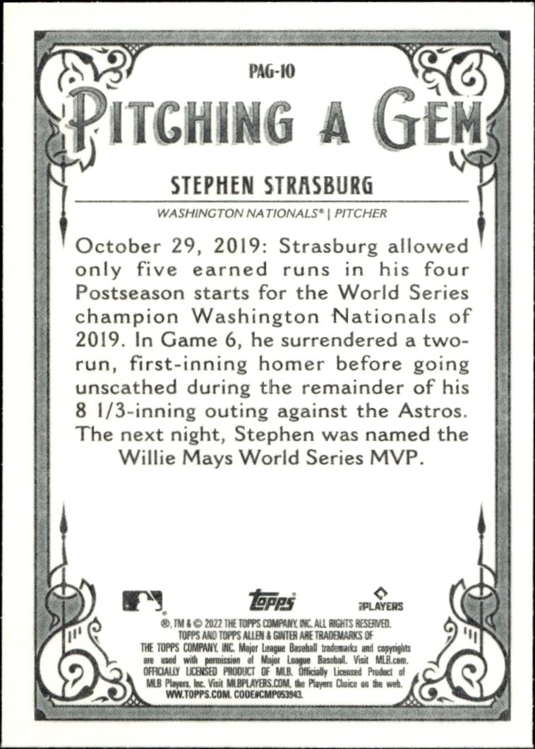 2022 Topps Allen & Ginter Stephen Strasburg #PAG-10 baseball trading card back