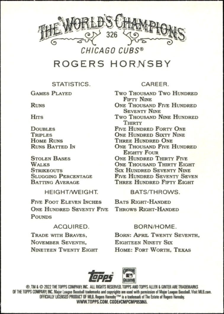 2022 Topps Allen & Ginter Rogers Hornsby #326 baseball trading card back