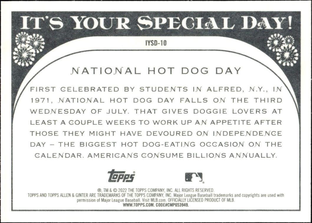 2022 Topps Allen & Ginter National Hot Dog Day #IYSD-10 baseball trading card back