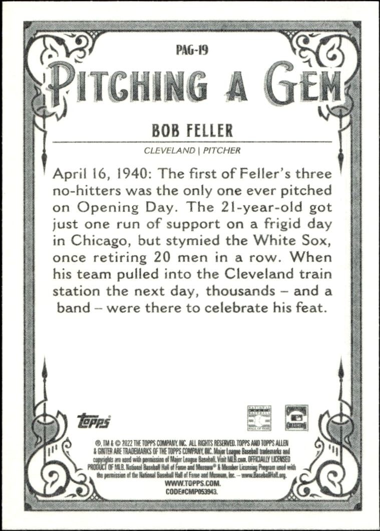 2022 Topps Allen & Ginter Bob Feller #PAG-19 baseball trading card back