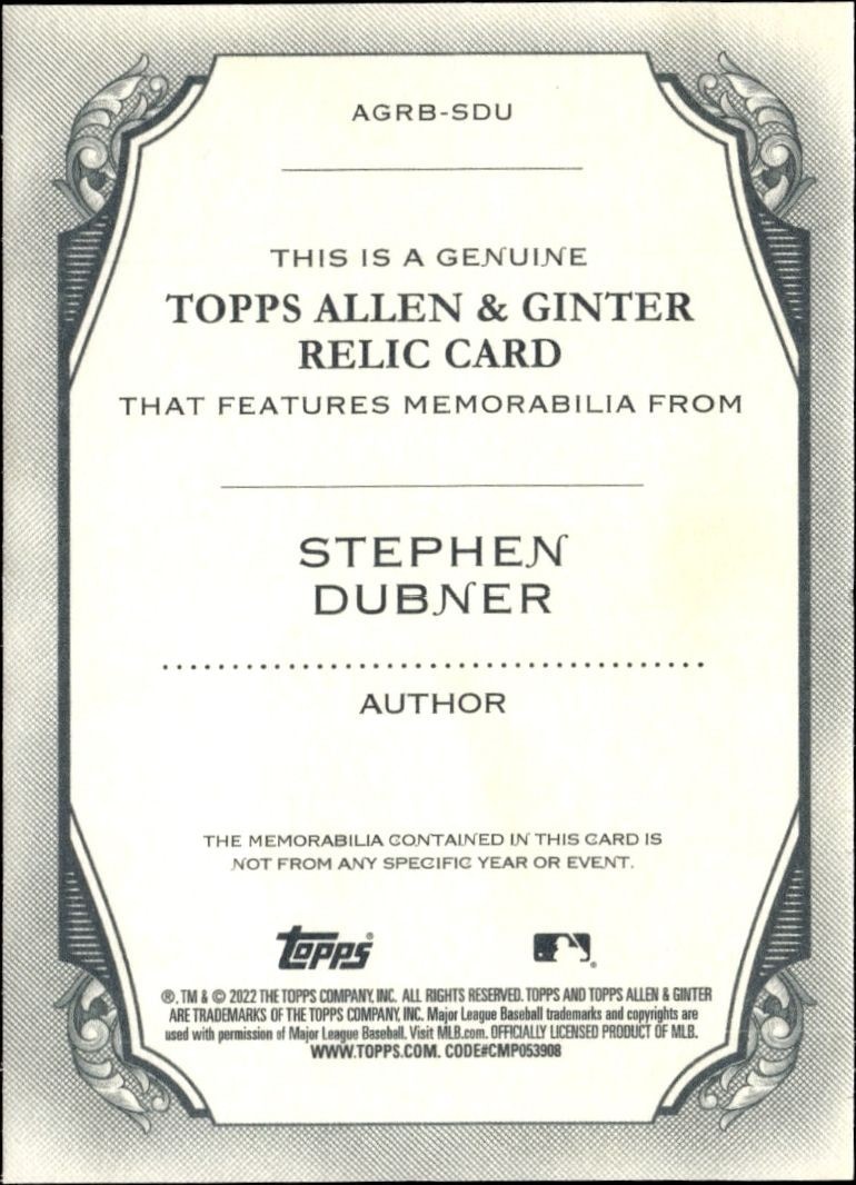 2022 Topps Allen & Ginter Stephen Dubner #AGRB-SDU baseball trading card back