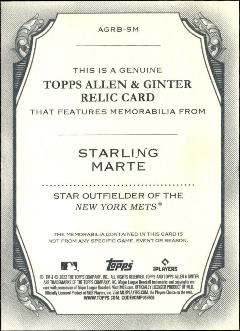 2022 Topps Allen & Ginter Starling Marte #AGRB-SM baseball trading card back