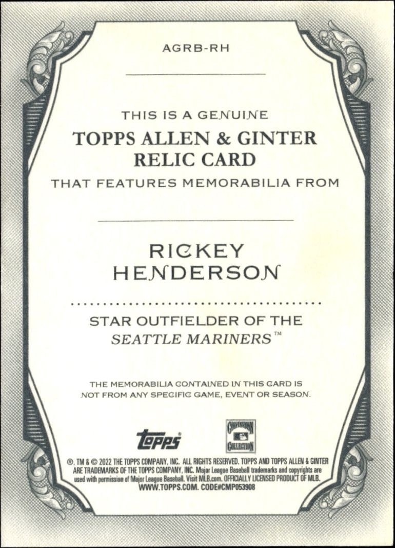 2022 Topps Allen & Ginter Rickey Henderson #AGRB-RH baseball trading card back