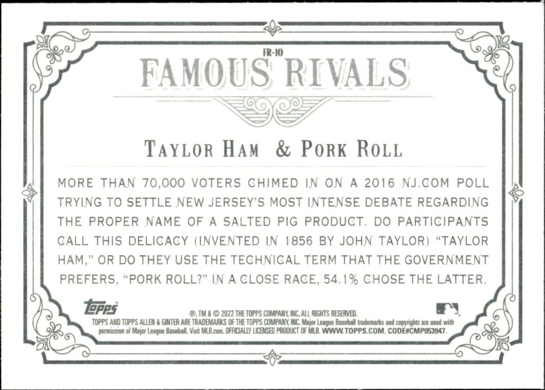 2022 Topps Allen & Ginter Pork Roll / Taylor Ham #FR-10 baseball trading card back
