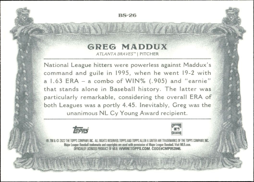 2022 Topps Allen & Ginter Greg Maddux #BS-26 baseball trading card back