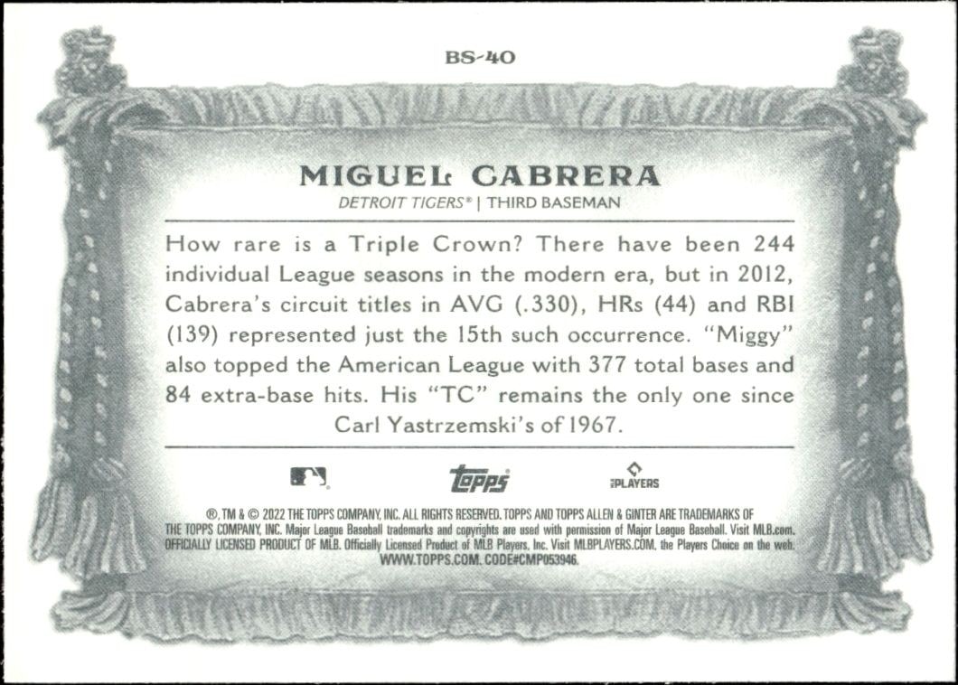2022 Topps Allen & Ginter Miguel Cabrera #BS-40 baseball trading card back