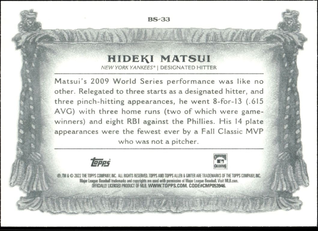 2022 Topps Allen & Ginter Hideki Matsui #BS-33 baseball trading card back