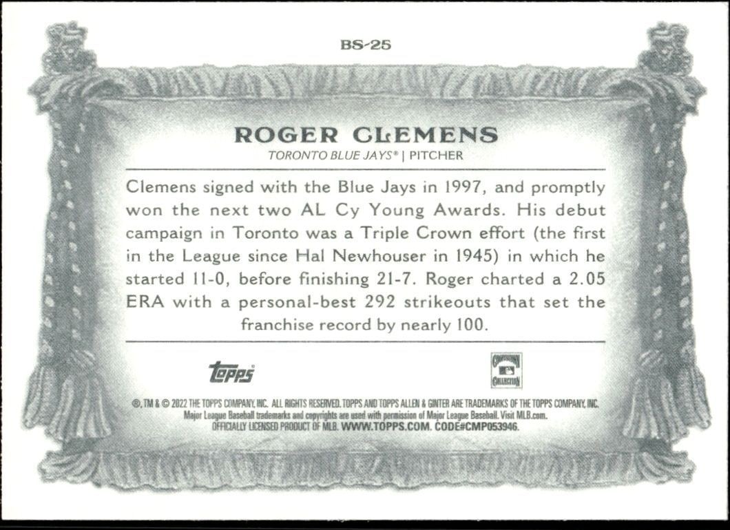 2022 Topps Allen & Ginter Roger Clemens #BS-25 baseball trading card back