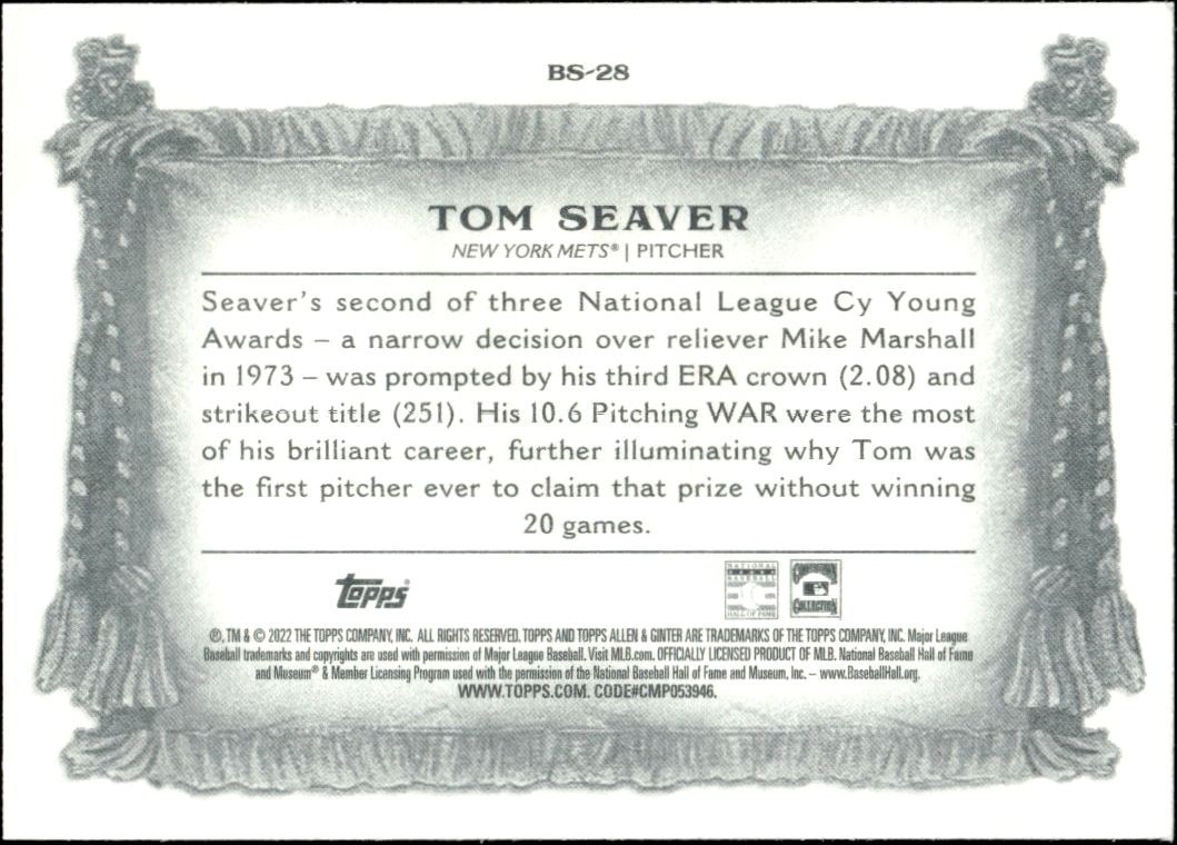 2022 Topps Allen & Ginter Tom Seaver #BS-28 baseball trading card back