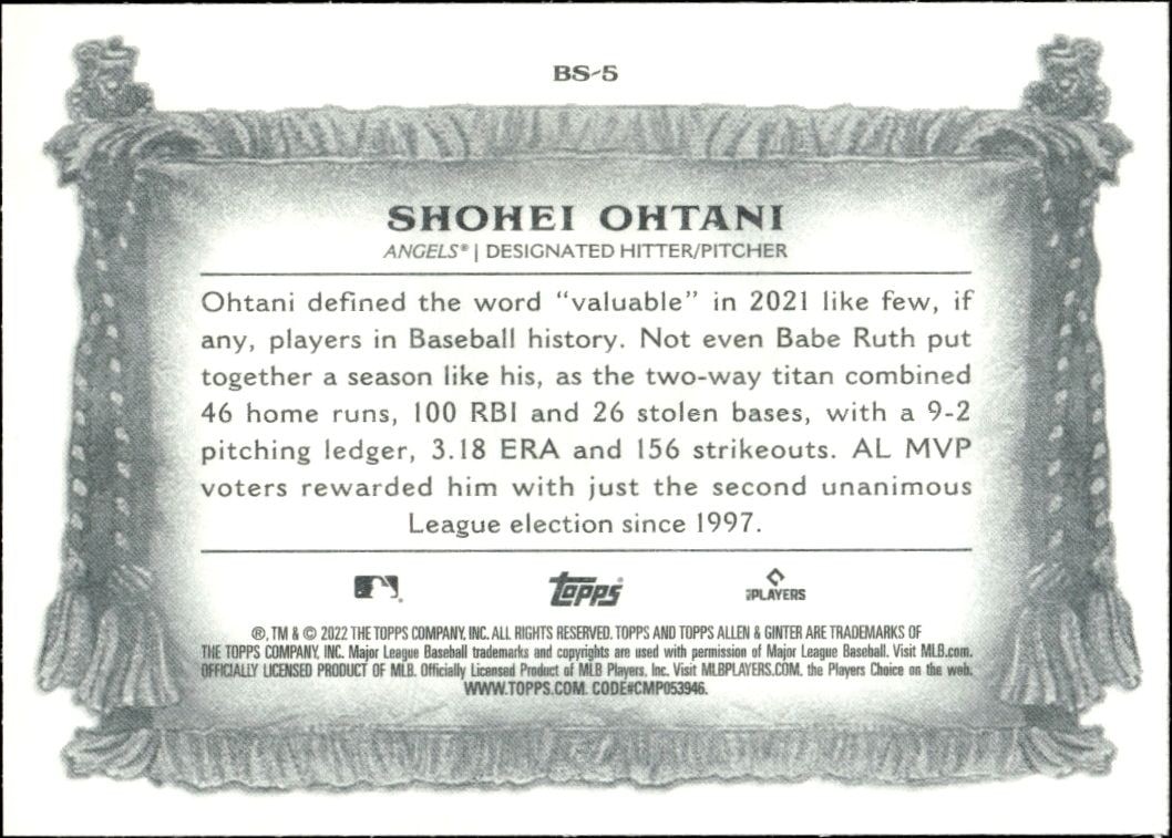 2022 Topps Allen & Ginter Shohei Ohtani #BS-5 baseball trading card back