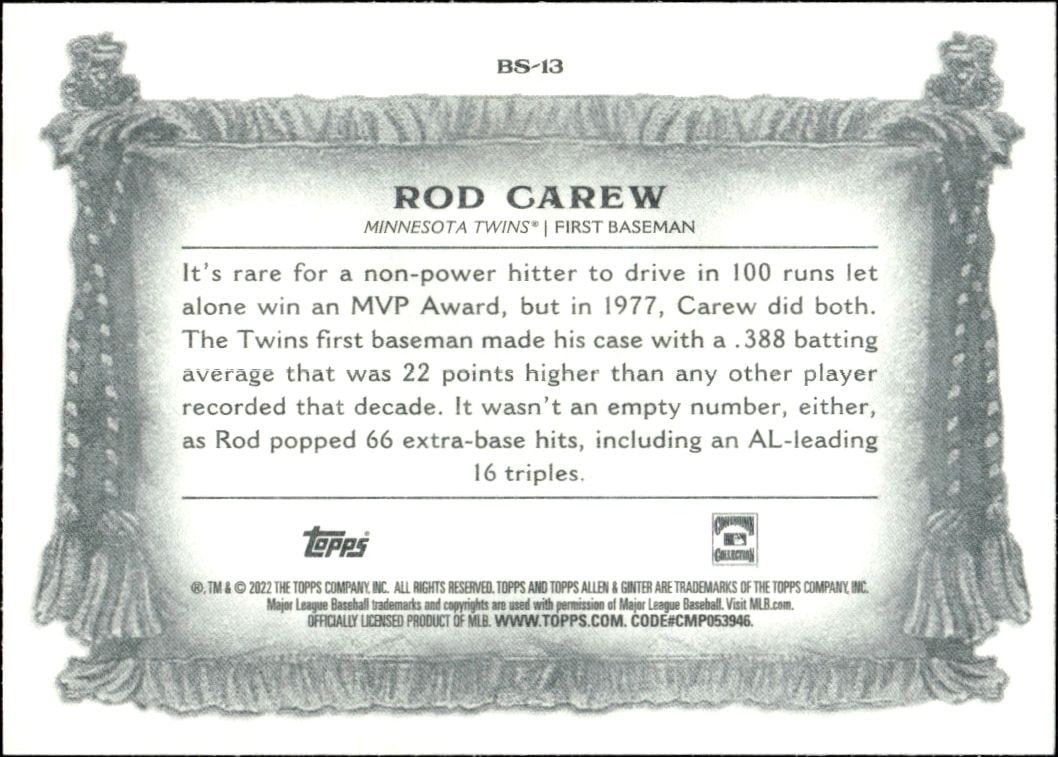 2022 Topps Allen & Ginter Rod Carew #BS-13 baseball trading card back