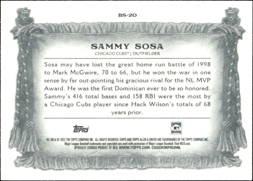 2022 Topps Allen & Ginter Sammy Sosa #BS-20 baseball trading card back
