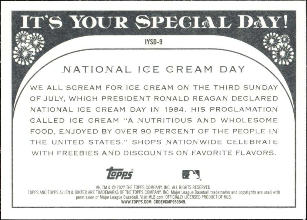 2022 Topps Allen & Ginter National Ice Cream Day #IYSD-9 baseball trading card back