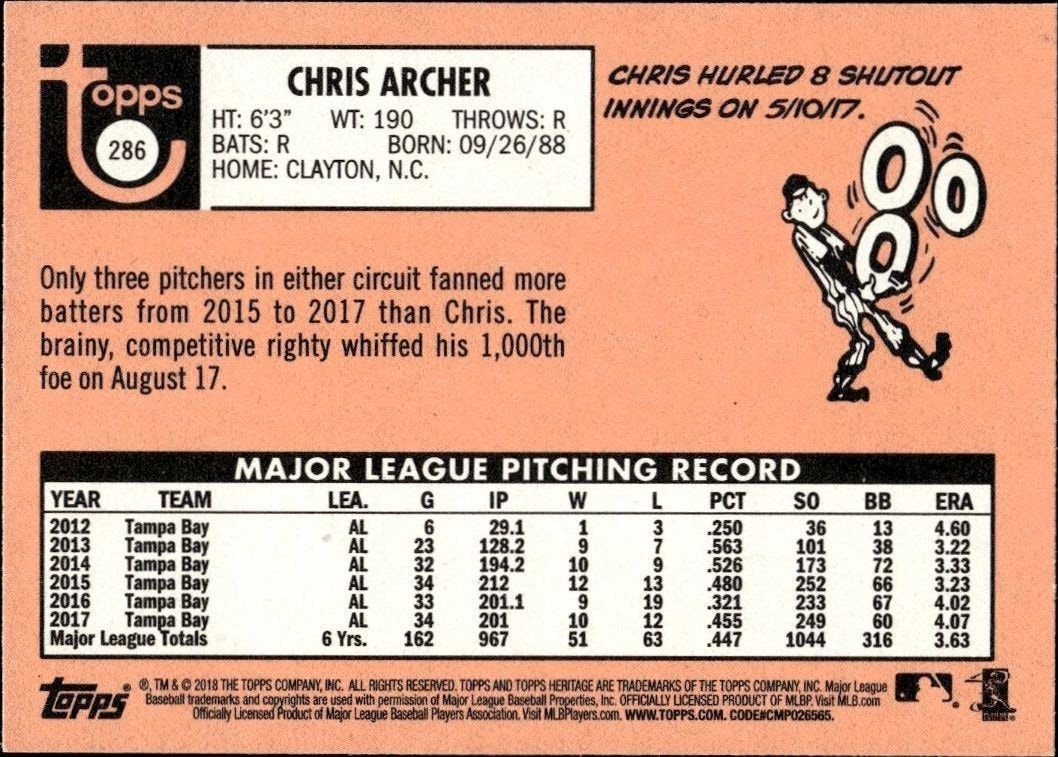 2018 Topps Heritage Chris Archer #286 baseball trading card back