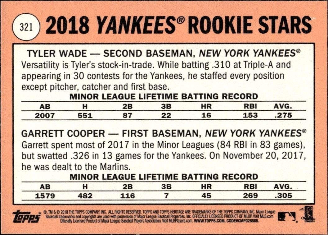 2018 Topps Heritage Garrett Cooper / Tyler Wade #321 baseball trading card back