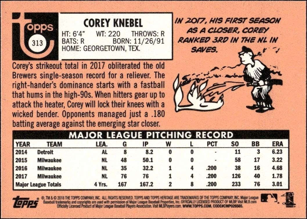 2018 Topps Heritage Corey Knebel #313 baseball trading card back