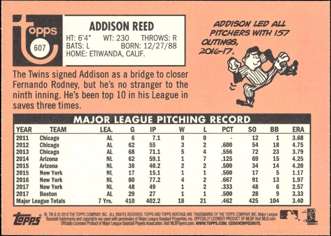 2018 Topps Heritage High Number Addison Reed #607 baseball trading card back